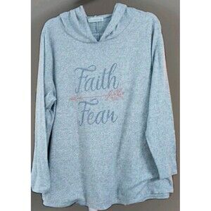 Retrology Womens 1X Gray “Faith Over Fear” Hoodie Glitter Print Soft Stretch EUC